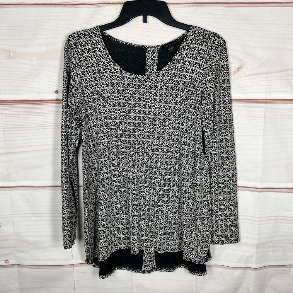 J Jill Wearever Top Womens PS Black Geometric Blouse Long Sleeve Jersey Knit